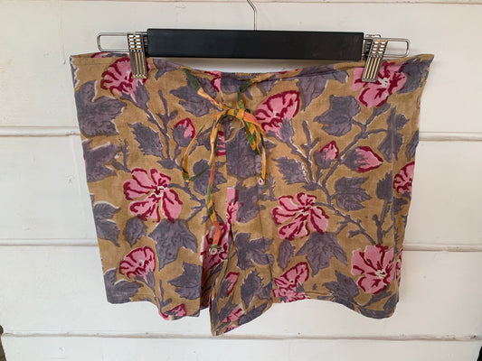 Tan & Pink Floral Hand Block Print Kochi Shorts