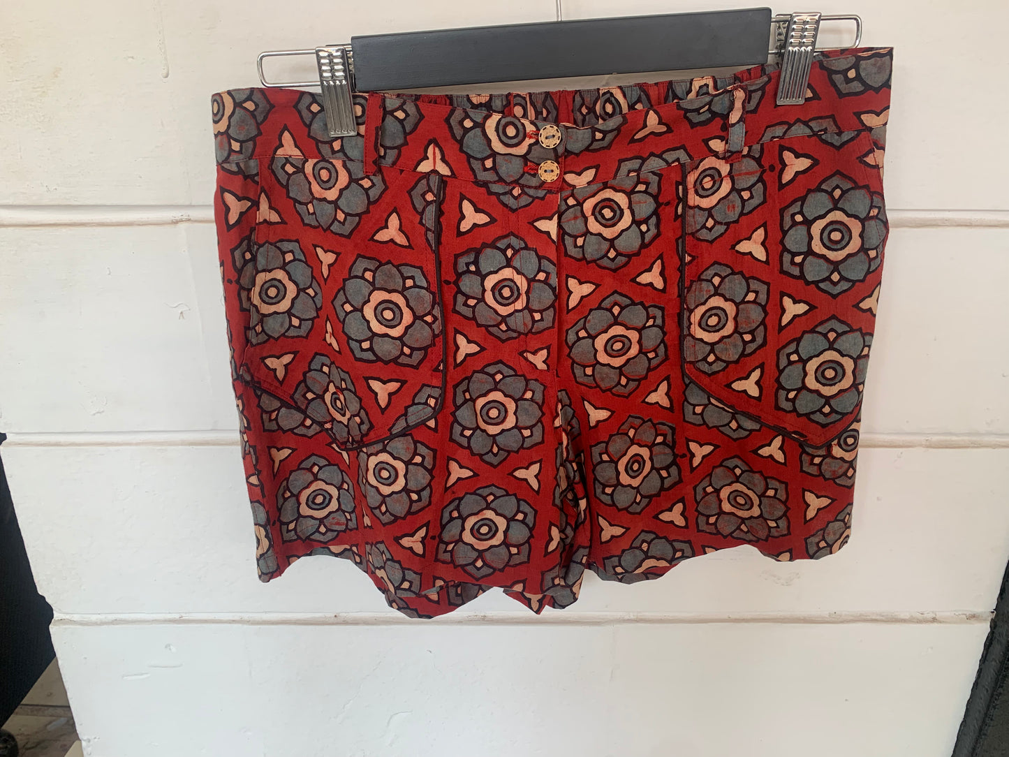 Red Geometric Floral Hand Block Print Palolem Shorts