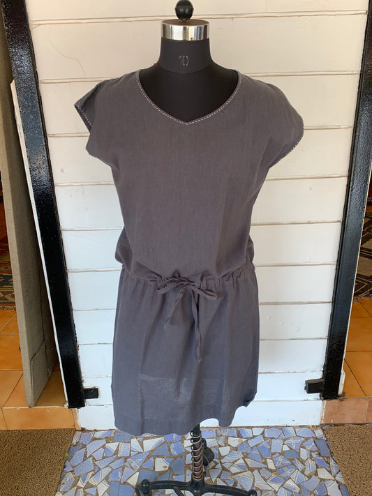 Grey Linen Pixie Dress with White Kanta Stiches