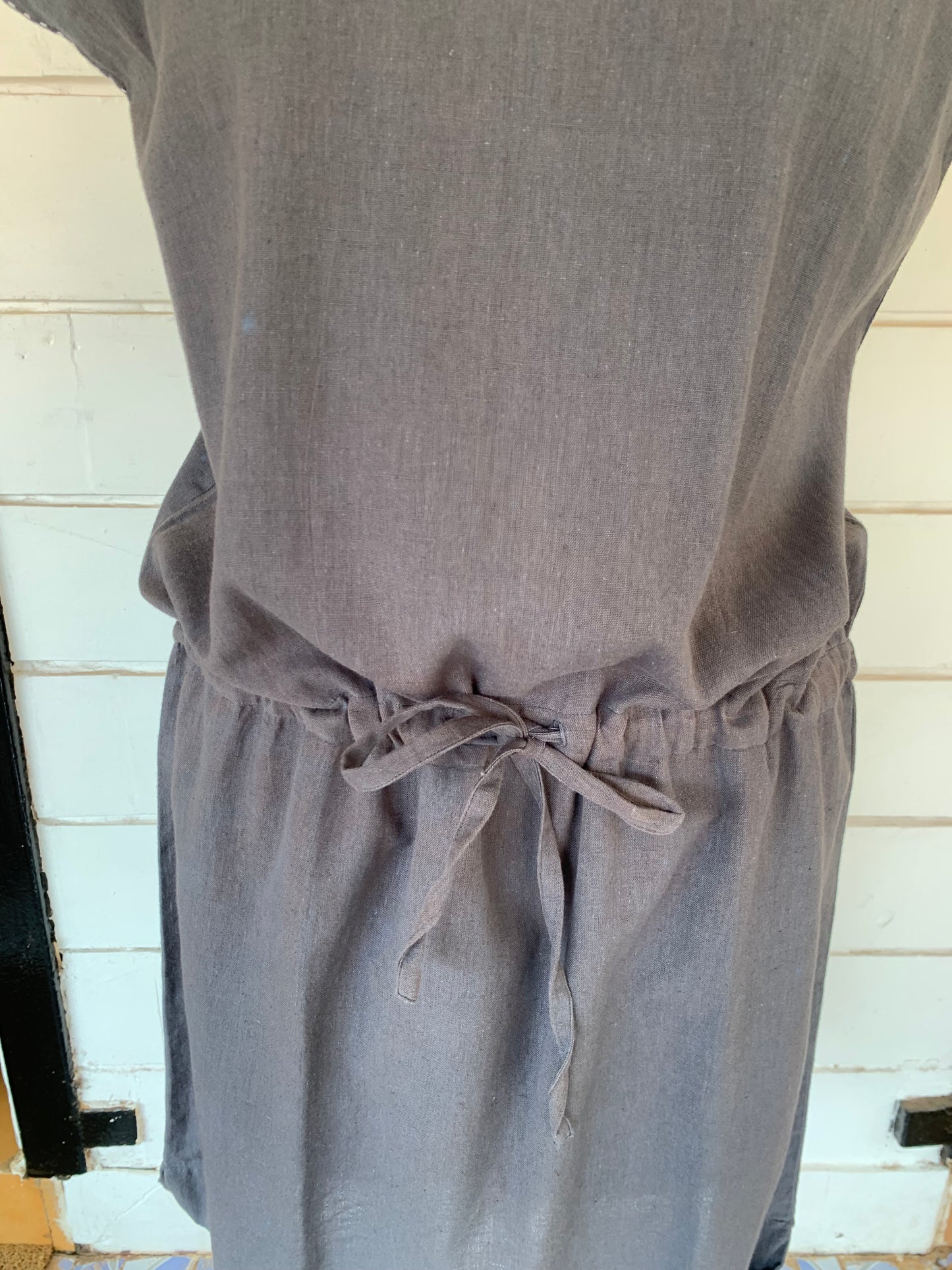 Grey Linen Pixie Dress with White Kanta Stiches