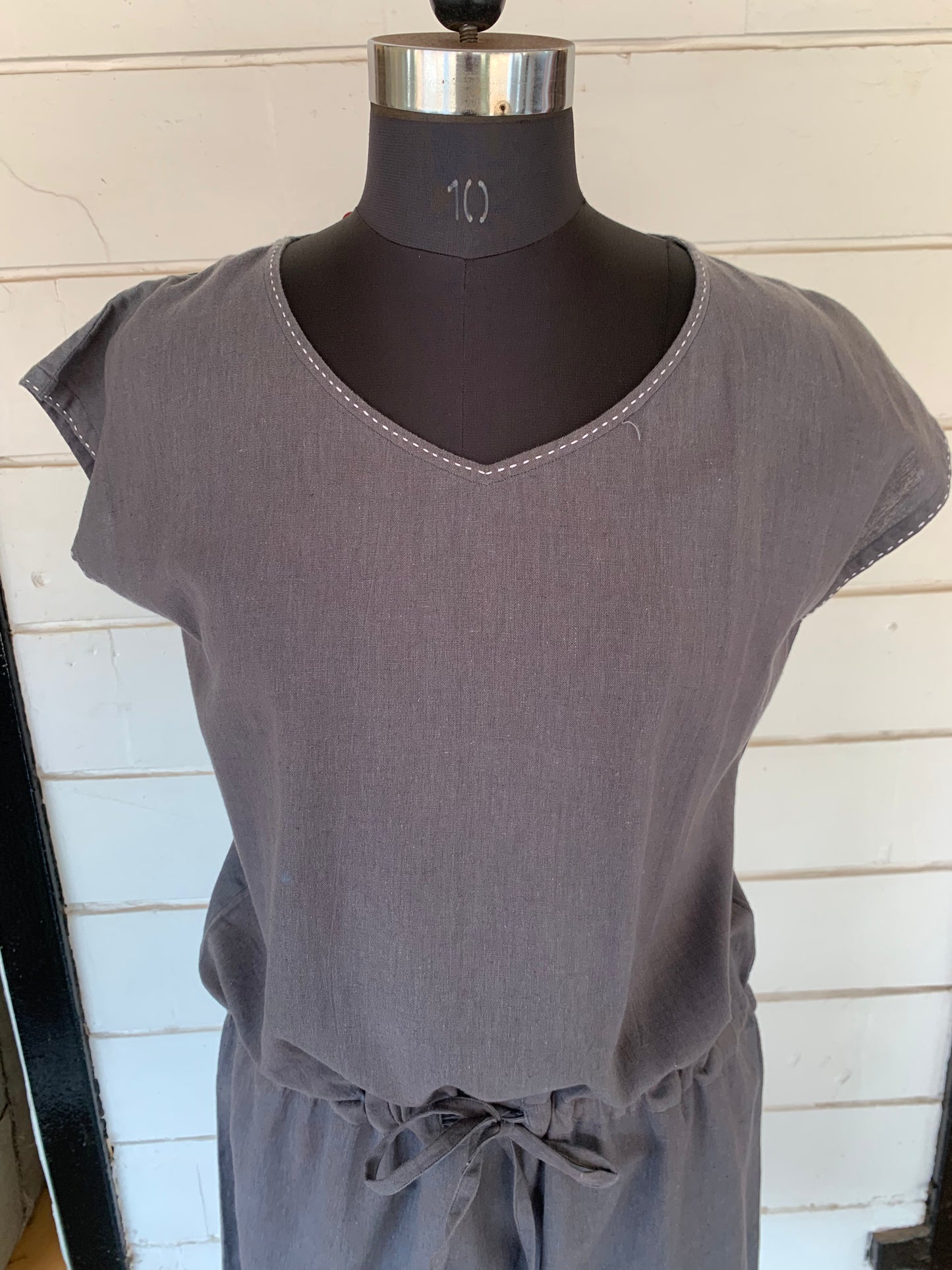Grey Linen Pixie Dress with White Kanta Stiches