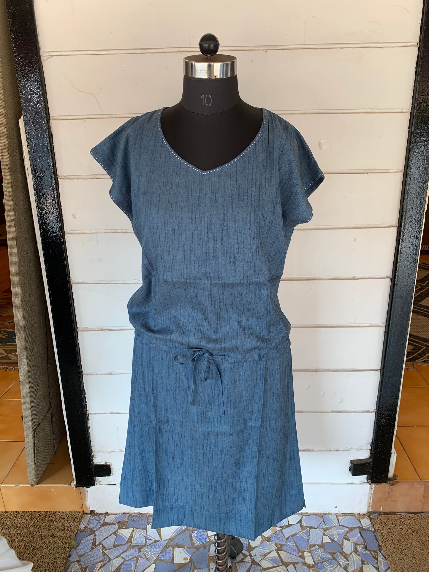 Blue Linen Pixie Dress with White Kanta Stiches