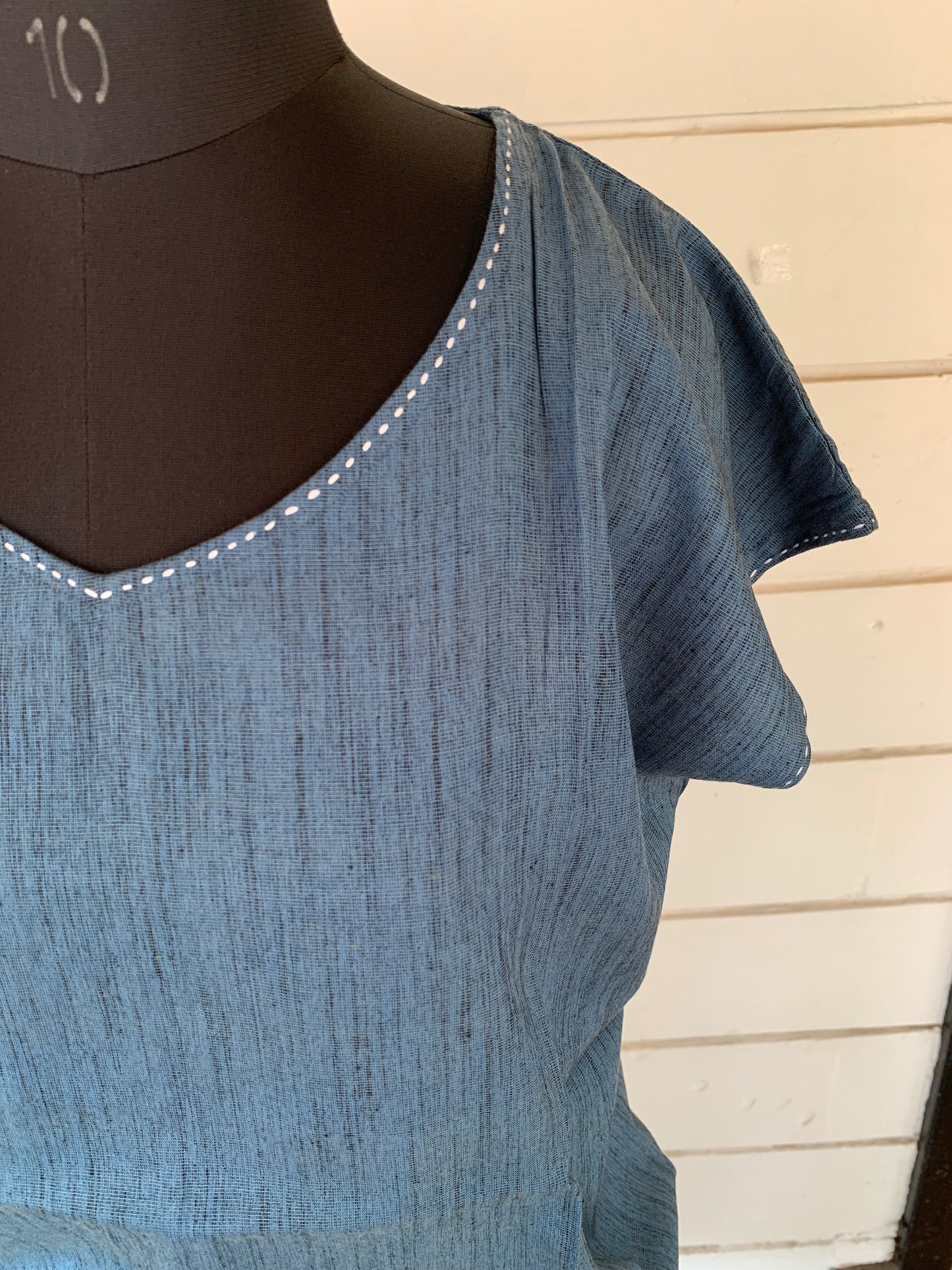 Blue Linen Pixie Dress with White Kanta Stiches