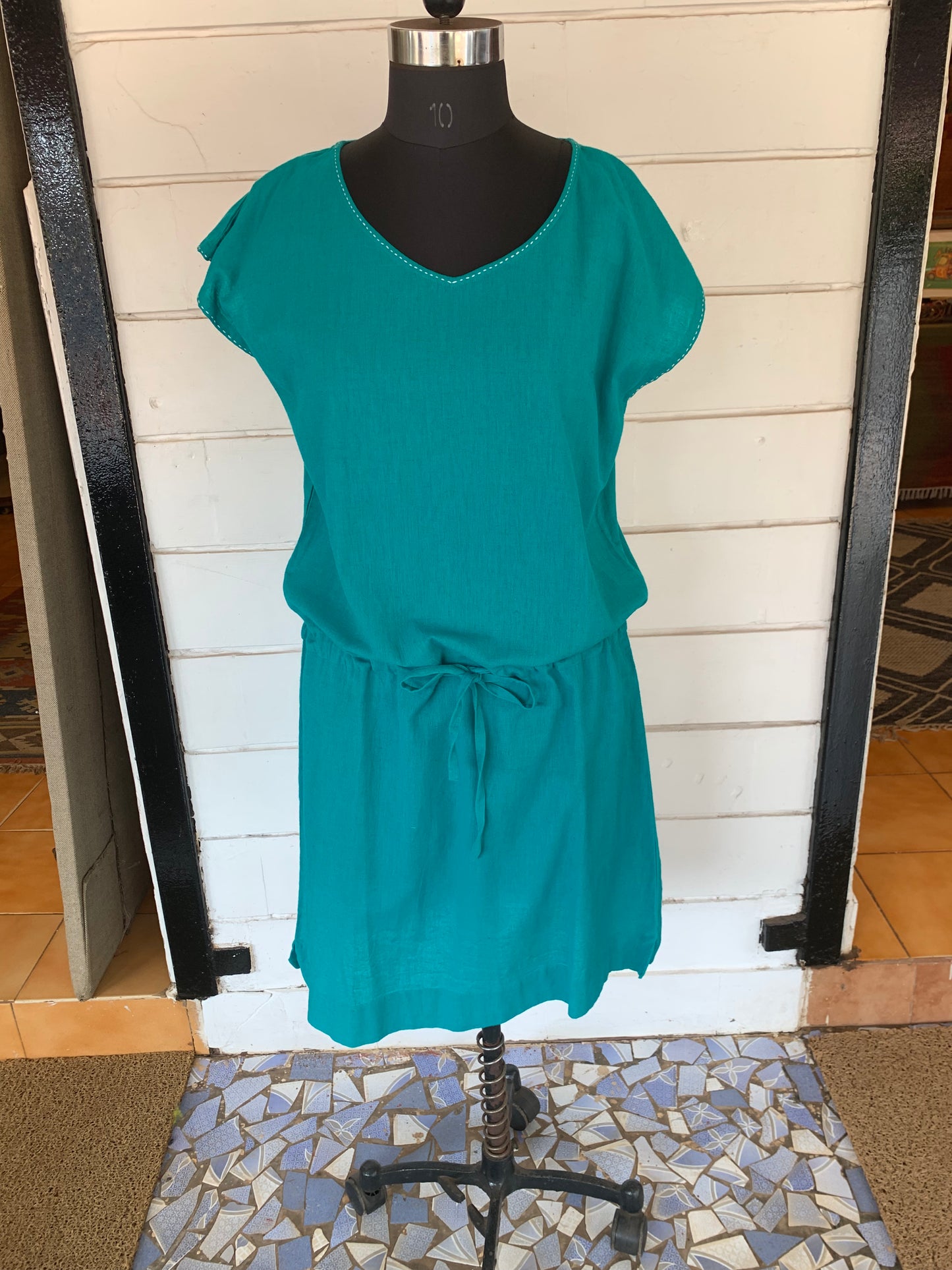 Teal Linen Pixie Dress with White Kanta Stiches