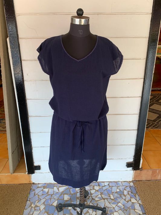 Navy Blue Linen Pixie Dress with White Kanta Stiches