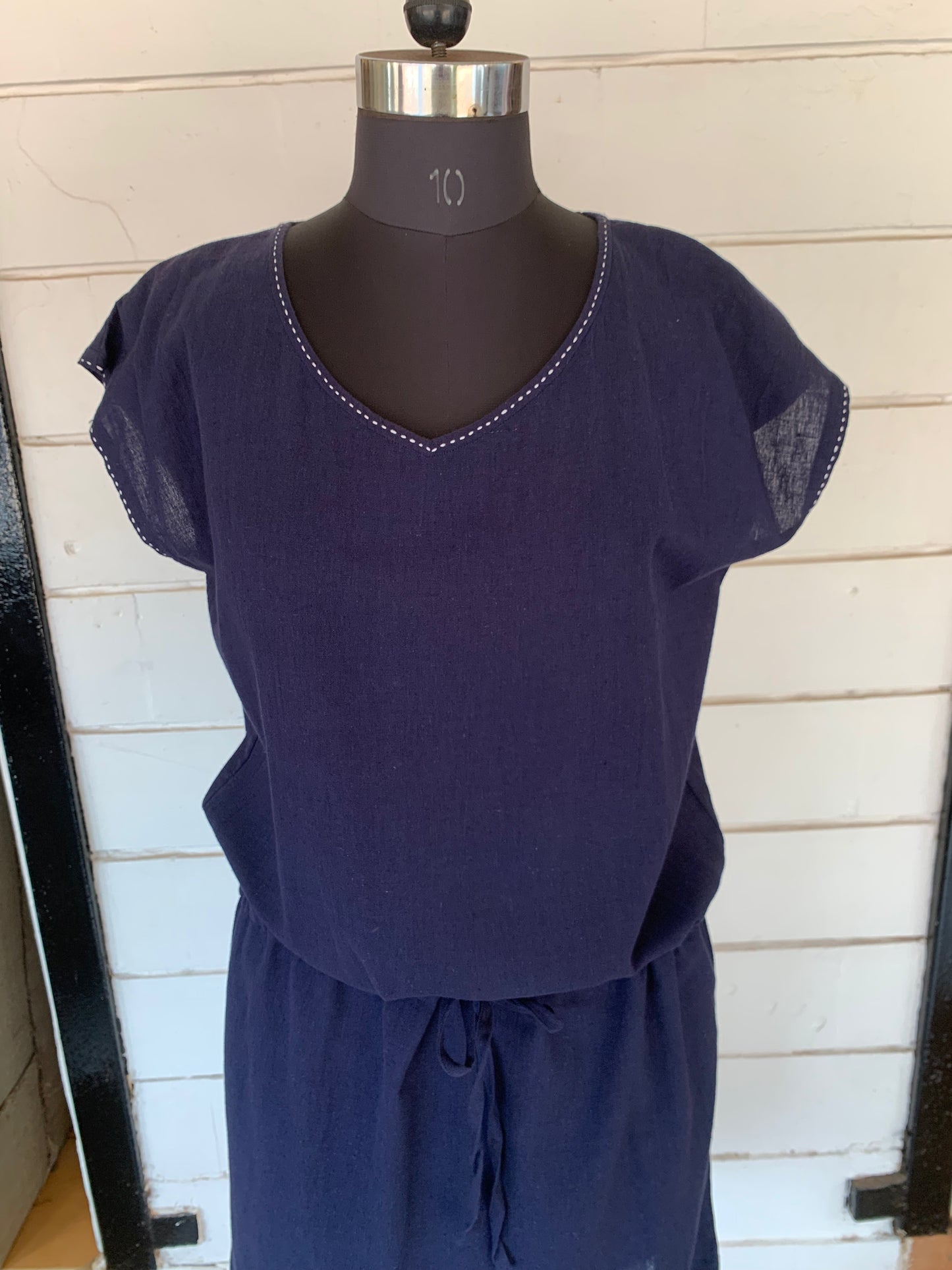 Navy Blue Linen Pixie Dress with White Kanta Stiches