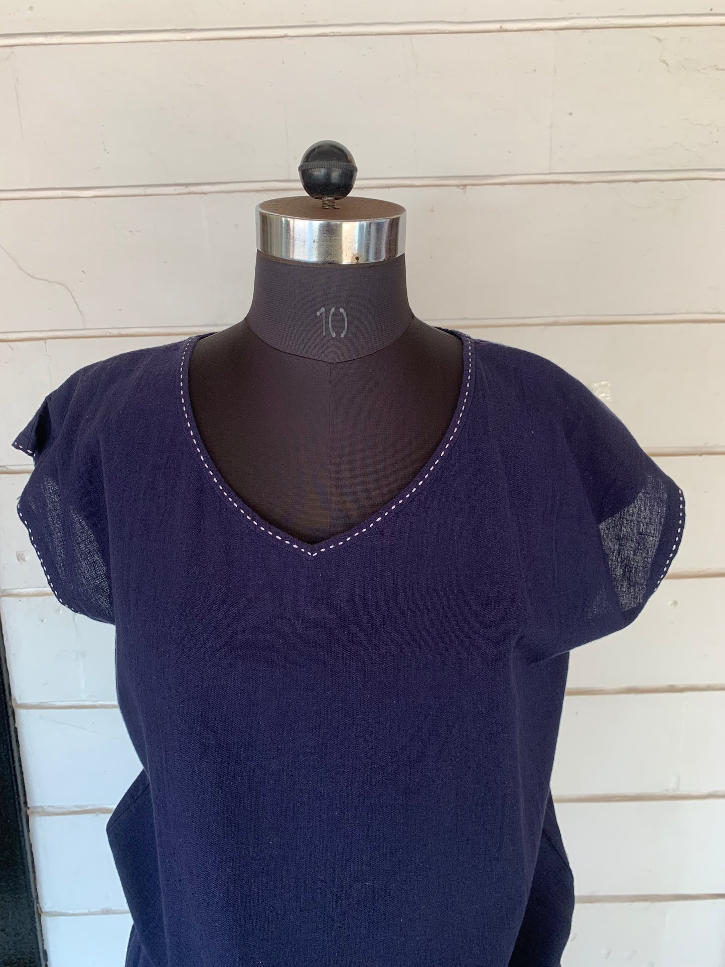 Navy Blue Linen Pixie Dress with White Kanta Stiches