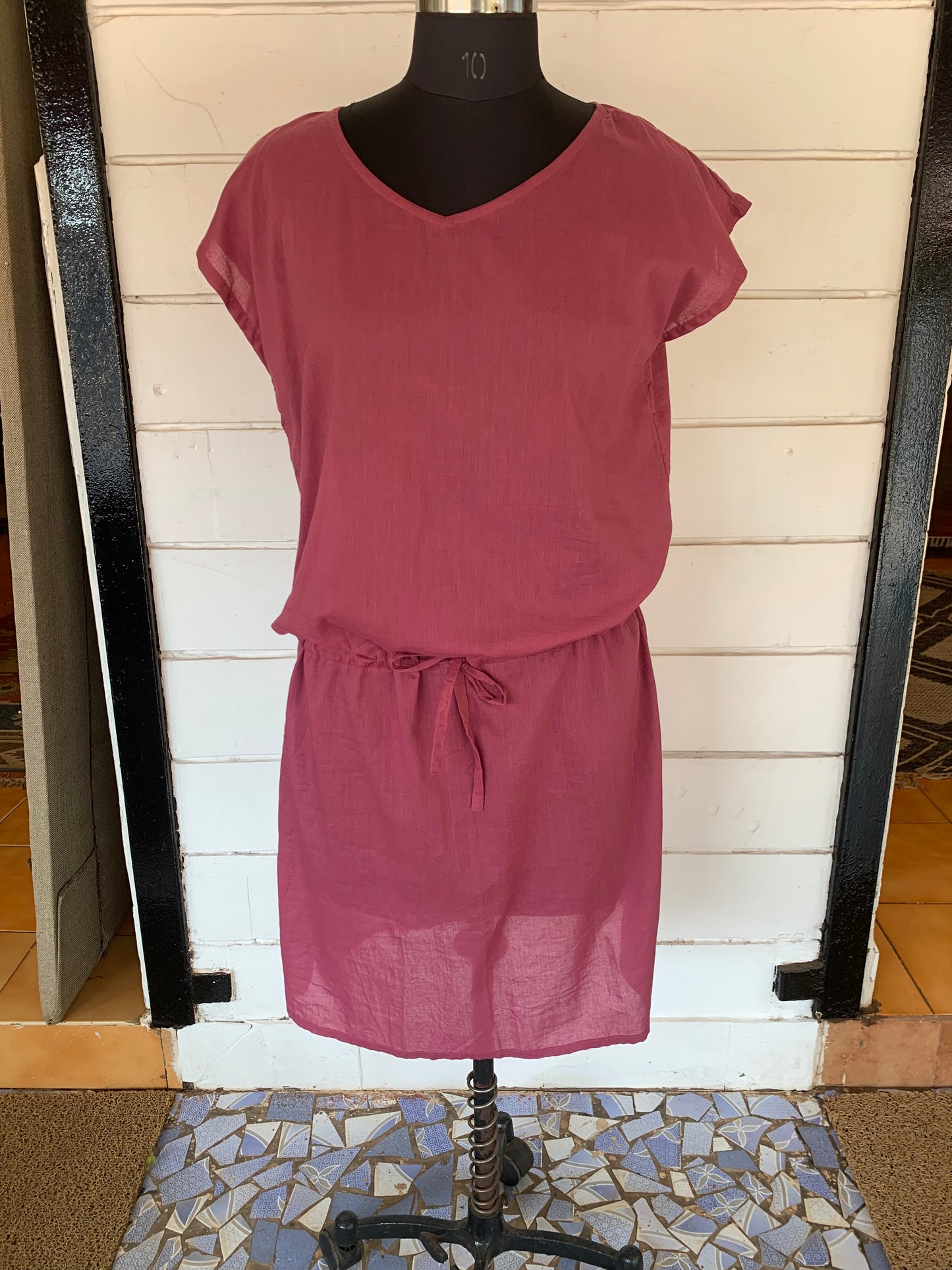 Old Rose Linen Pixie Dress with White Kanta Stiches