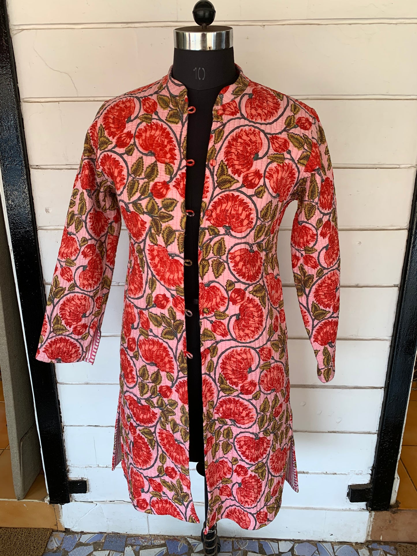 Red Pattern Quilted long jacket reversible 710