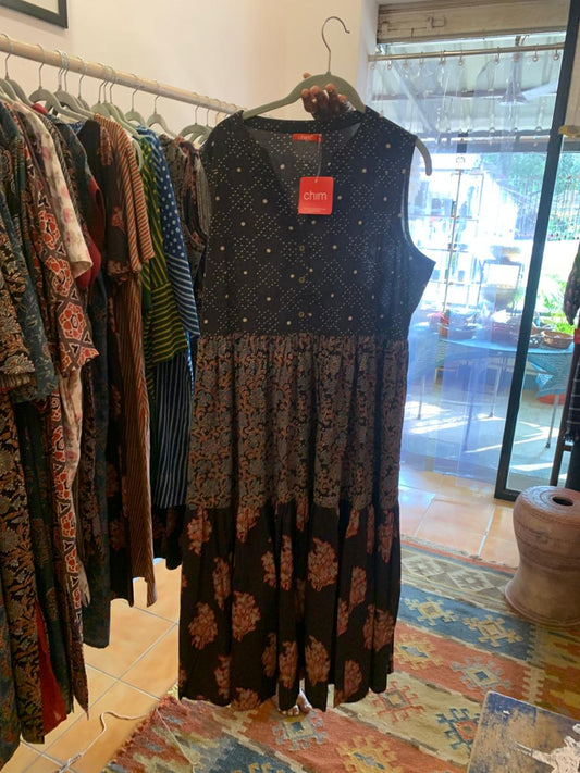 Black Polka Dots Hand Block Print Donna Dress 1333