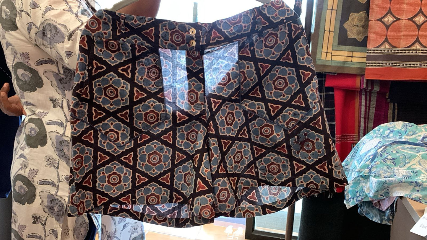 Black Geometric Floral Hand Block Print Palolem Shorts 1000